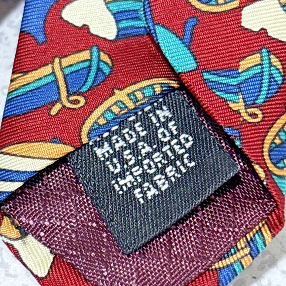 Vintage Christian Dior Monsieur Silk Neck Tie Red Blue Rowboats Luxury Designer - Picture 5 of 7